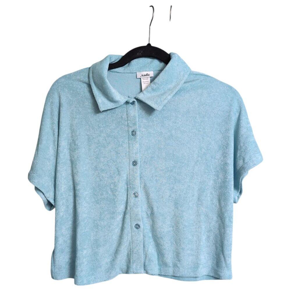 NWT Andie Cropped Button Up Blue CABLU Textured Collared Short Sleeve Shirt S